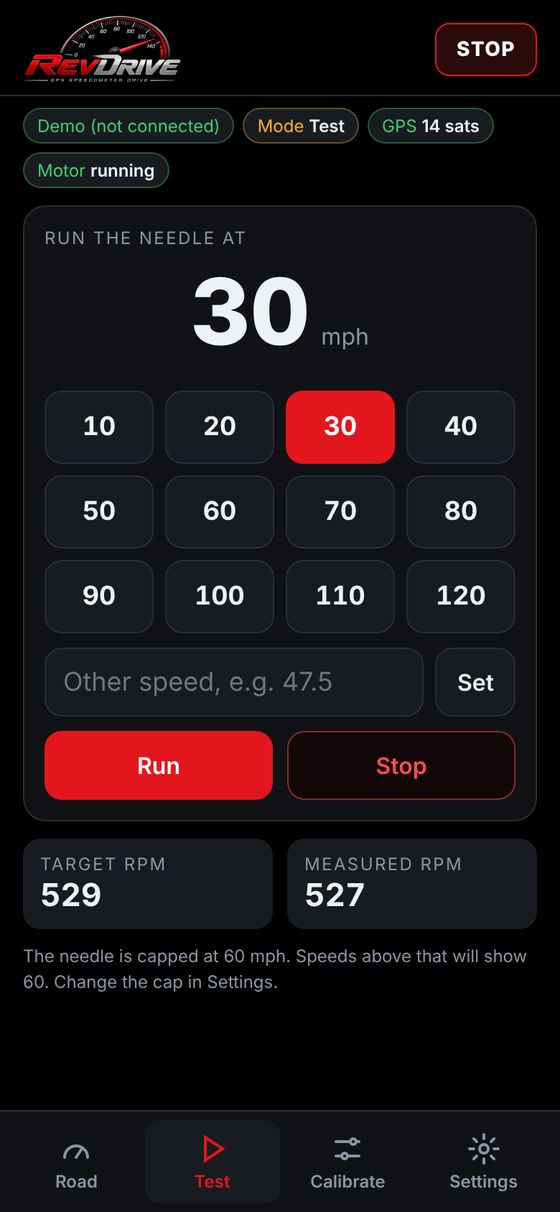 RevDrive app Test screen with speed buttons